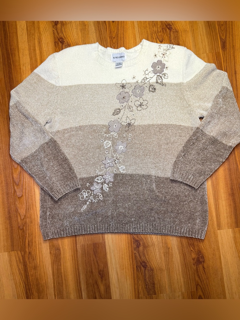 Alfred Dunner Neutral Striped Crewneck Sweater with Floral Embroidery